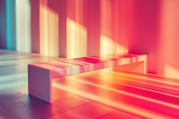 Colorful light reflections on a modern bench in a well-lit artistic space