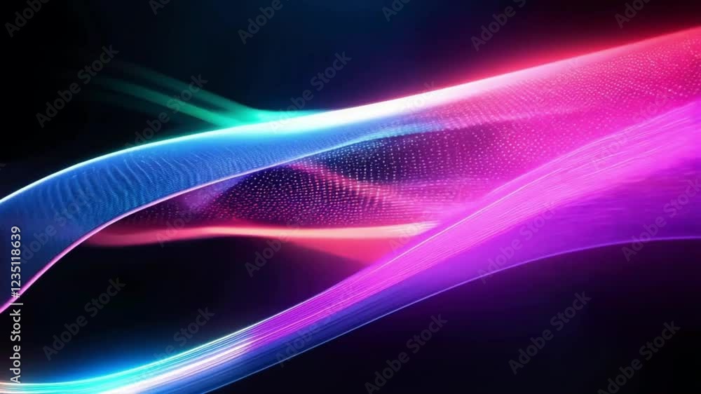 Poster smooth holographic waves creating abstract patterns, with subtle rainbow hues glowing against a dark