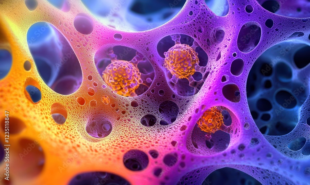 Poster dynamic microscopic cells showcasing radiant nuclei in a colorful matrix