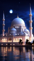 Fototapeta premium Majestic mosque illuminated at night during Ramadan with crescent moon overhead