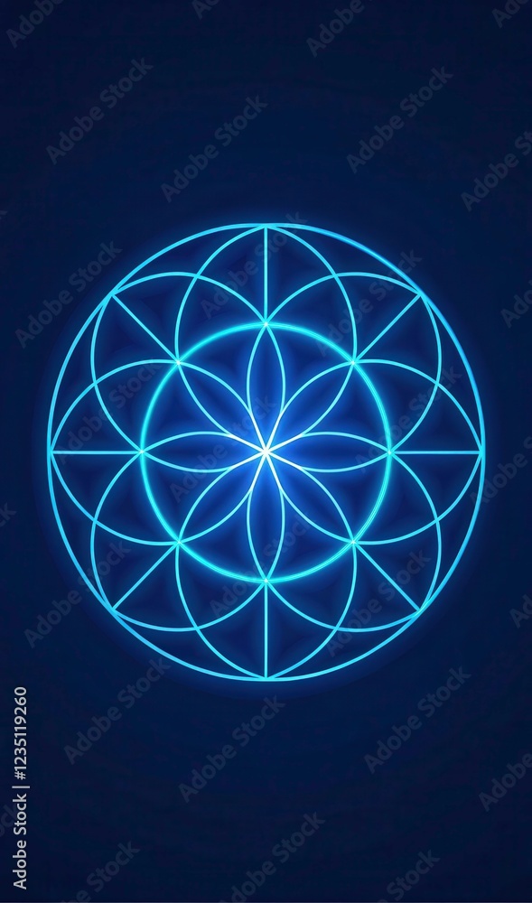 Poster glowing geometric patterns with blue lines on dark background. generative ai