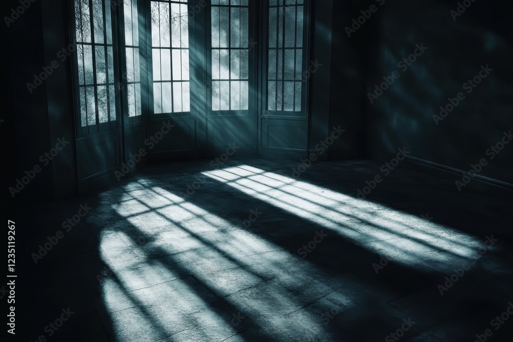 Poster sunlight streams through windows creating intricate shadows in an abandoned room