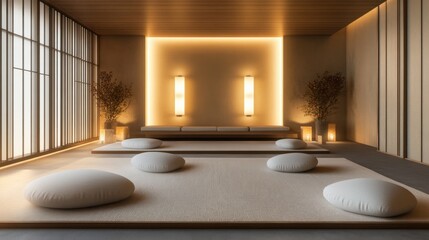 A meditation room with tranquil decor and soft lighting, Meditation space scene, Serene style