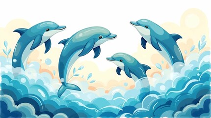 Obraz premium Four cartoon dolphins playfully leap from stylized ocean waves against a light background with abstract shapes