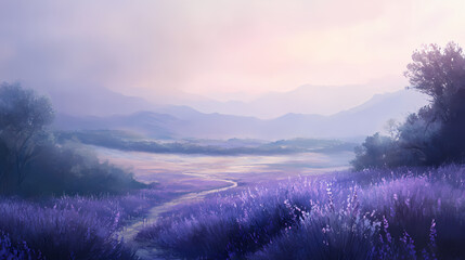 Dreamy, ethereal landscape of deep purple and lavender hues , lavender, landscape. Ethereal Landscape. Illustration
