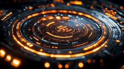 Futuristic digital interface with glowing orange elements and intricate patterns in a tech setting