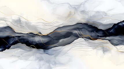 Abstract fluid marble texture with black gold and white flowing wavy lines modern artistic background design