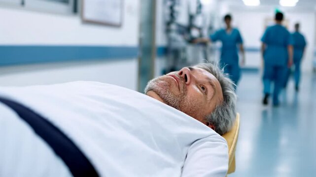 Alone and ignored Unconscious patient lying in a hospital emergency area hallway	
