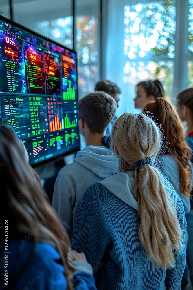 Poster a group of young people attentively watch a large screen displaying dynamic data visualizations. the