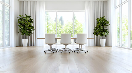 Fototapeta premium White office chairs stand by a wooden table in a bright, modern conference room with large windows showing green trees during the day.