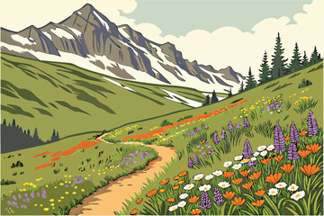 Mountain landscapes, vibrant wildflower meadows, snow-capped peaks, colorful alpine flora, winding dirt path, lush green hillsides, diverse wildflowers, purple lupines, orange poppies, white daisies, 