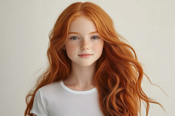 Fototapeta premium Portrait of happy young woman with long red hair and freckles. Cute positive smiling girl with attractive look and healthy skin