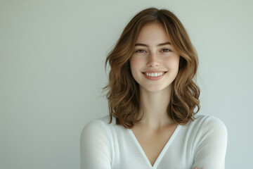 Obraz premium Portrait of beautiful smiling young woman. Happy attractive lady with cheerful smile and healthy skin, fashion model with positive emotion standing with arms crossed