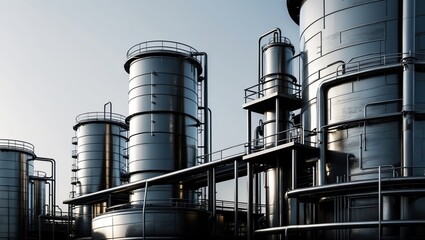 Industrial storage tanks with metallic surfaces under a clear blue sky.