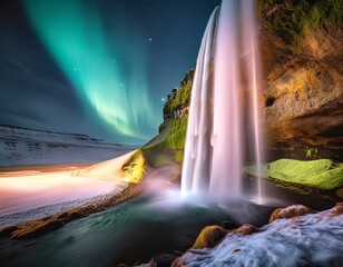 Seljalandsfoss waterfall with nortern lights, Iceland (AI generated)