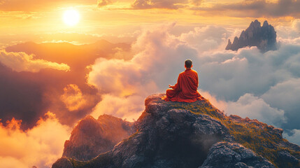 Obraz premium A serene Buddhist monk sits cross-legged on a rocky mountaintop, meditating as the sun rises, illuminating the clouds and surrounding peaks in a golden hue