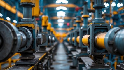 Naklejka premium Industrial machinery with metallic pipes and blue structure in factory.