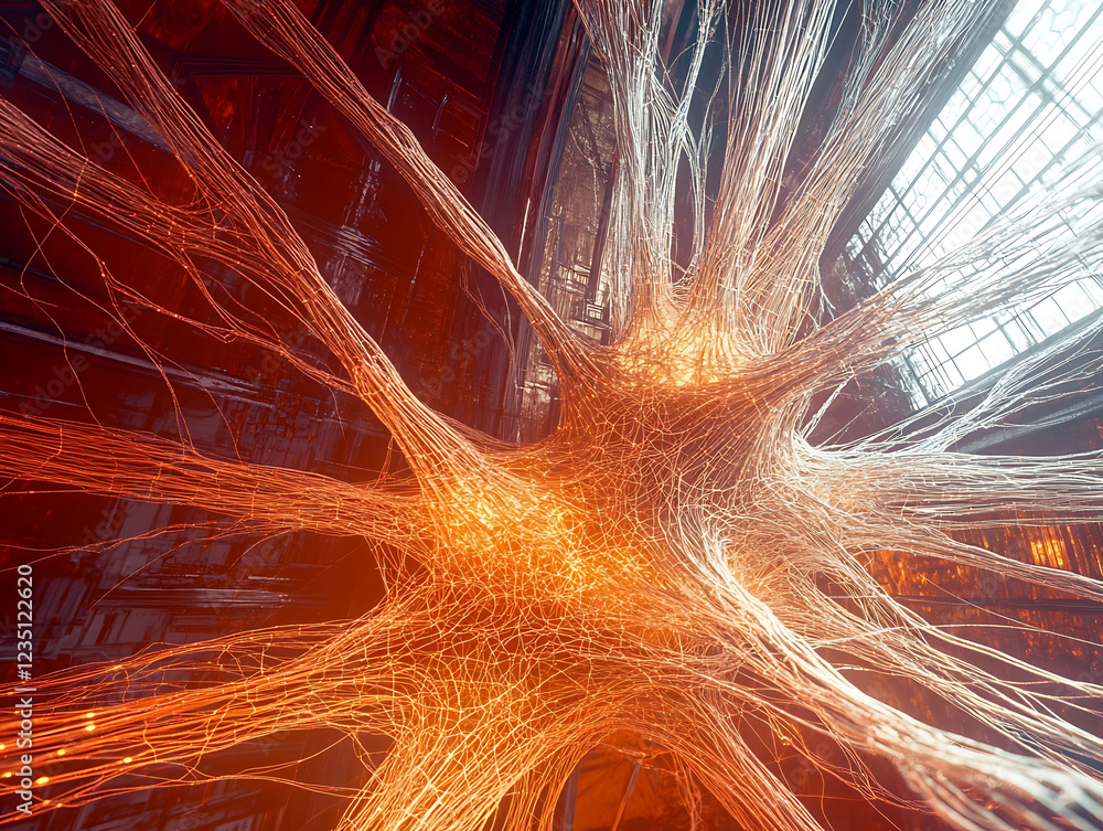 Poster stunning abstract image of a glowing, intricate network resembling neural pathways or a complex data