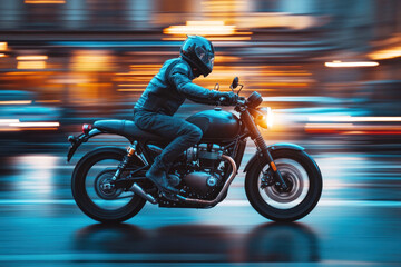 Fototapeta premium A motorcycle navigates the bustling city street at dusk, leaves a trail of colorful lights behind as it accelerates past blurred buildings and traffic