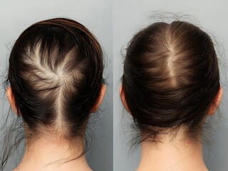 Woman with hair loss problem before and after treatment on grey background collage Visiting trichologist