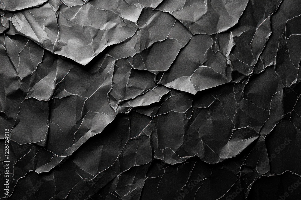 Poster detailed creased black paper displays a variety of textures and patterns, emphasizing the play of li
