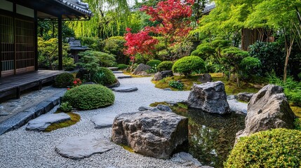 Obraz premium Japanese Zen Garden with White Gravel and Large Rocks 