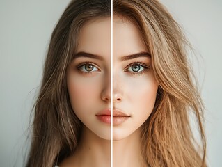 Beautiful woman's face half young girl half old woman Before and after concept