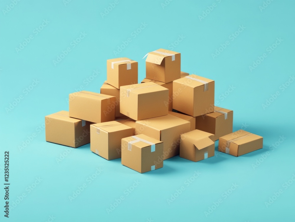 Poster a collection of cardboard boxes is stacked in an isometric view against a vibrant turquoise backgrou