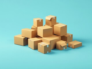 Obraz premium A collection of cardboard boxes is stacked in an isometric view against a vibrant turquoise background. The boxes vary in size and are sealed with tape