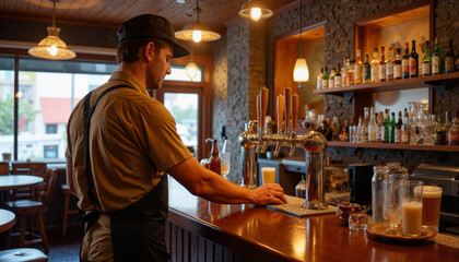 Obraz premium Bartender serving drinks in rustic pub interior, hospitality mastery