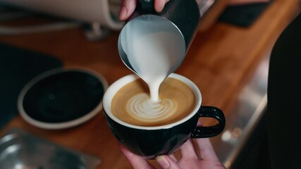 Unrecognizable Caucasian barista male waiter employee hands close up making coffee drink milk latte for client restaurant professional man worker guy preparing tasty beverage order in cafeteria cafe
