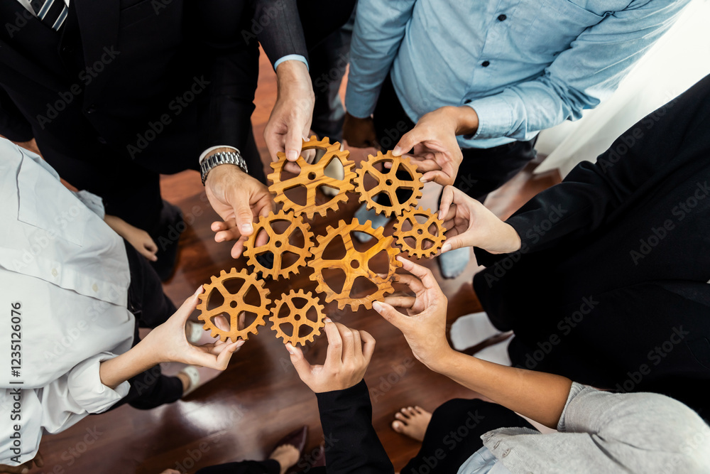 Poster group of multiracial business people joining gear wheels together as effective unity and productive 