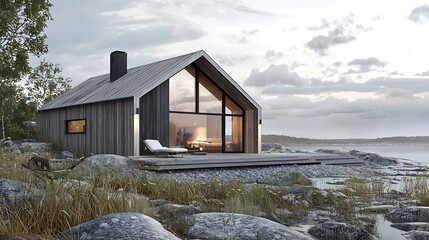 A modern luxury villa exterior in minimal Scandinavian style, featuring clean lines and natural materials.