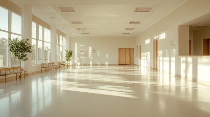 Wide-angle view of a bright and airy emergency waiting area, showcasing clean lines, neutral tones, and sparse seating arrangements. Sunlight casts gentle shadows across the floor
