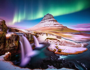 Waterfall in front of the Kirkjufell mountain at night with polar lights, Iceland (AI generated)