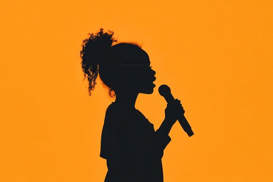 Silhouette of a Black Girl Singing With a Microphone Against an Orange Backdrop Rated PG. Generative AI