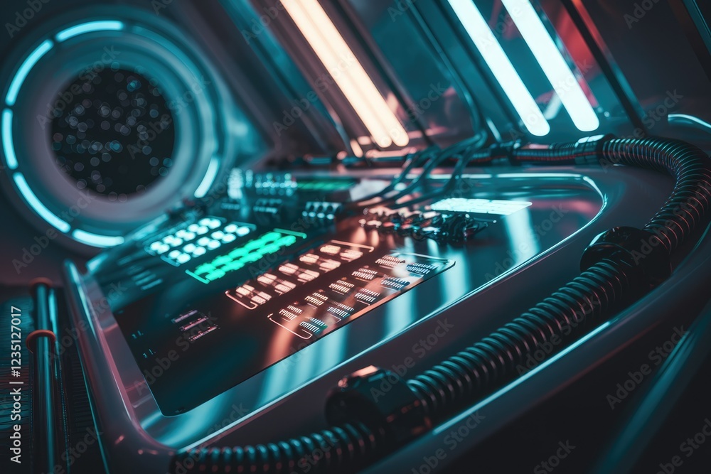 Poster futuristic spaceship control panel with glowing buttons and vibrant lights, overlooking space.