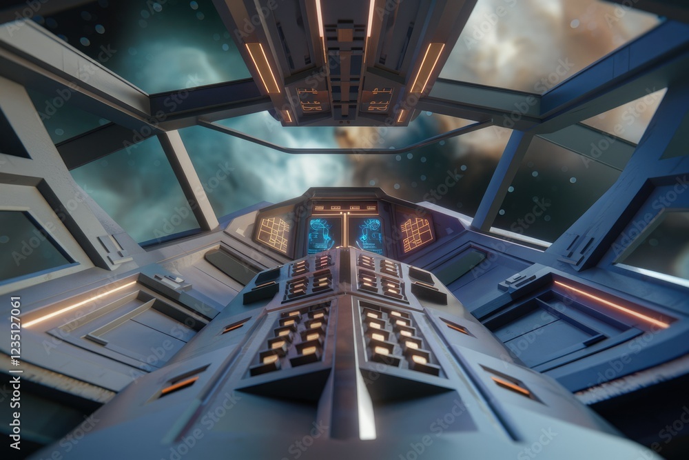 Poster Futuristic spaceship cockpit view, showcasing advanced controls and a nebula backdrop.
