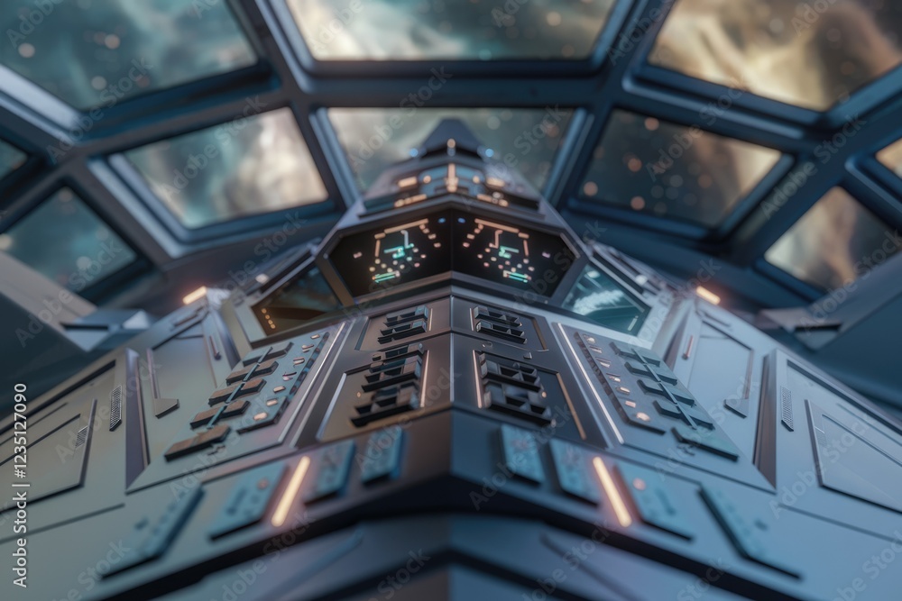 Poster futuristic spaceship cockpit with control panels and windows showing a nebula.