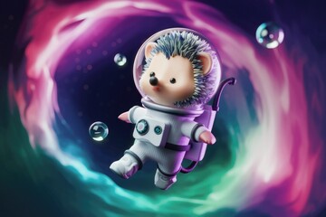 Naklejka premium Adorable hedgehog astronaut floats through a vibrant nebula, wearing a spacesuit and helmet.