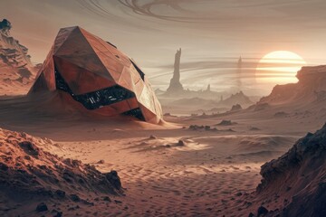 Fototapeta premium A derelict spaceship rests half-buried in the Martian sand under a setting sun, a scene of desolation and mystery.