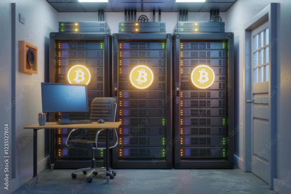 Poster Bitcoin mining server room with three racks, a computer, and a desk.