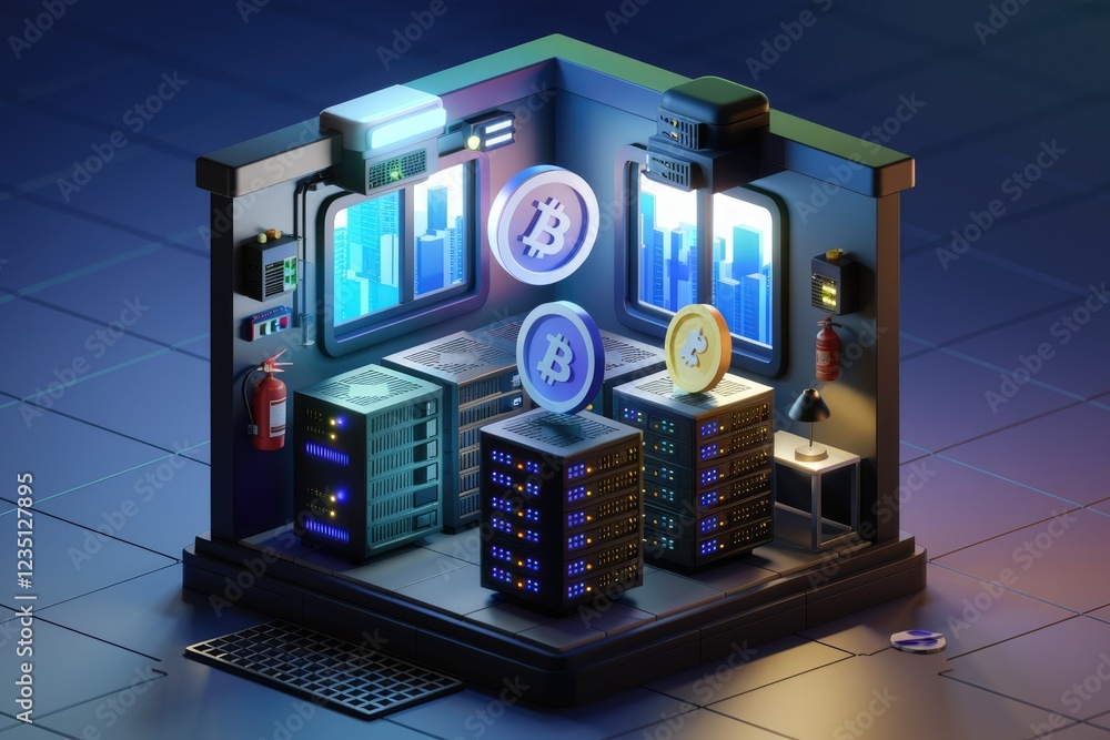 Aufkleber Cryptocurrency mining server room with Bitcoin and other altcoins displayed, showcasing technological infrastructure.