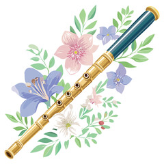 Art & Illustration - Flute with flowers vintage - Flauta com flores instrumento musical