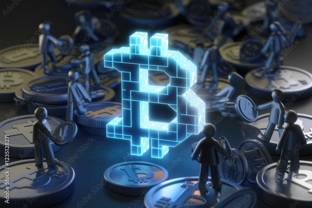 Poster a glowing bitcoin symbol, digitally constructed, is surrounded by tiny figures working on crypto coi