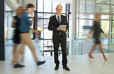 Obraz premium Business people, tablet and portrait of man busy for productivity, schedule and agenda. Professional, corporate and mature person on digital tech in office for movement, rush and hurry in lobby