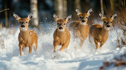 A group of roe deer (Capreolus capreolus) running through deep snow in winter