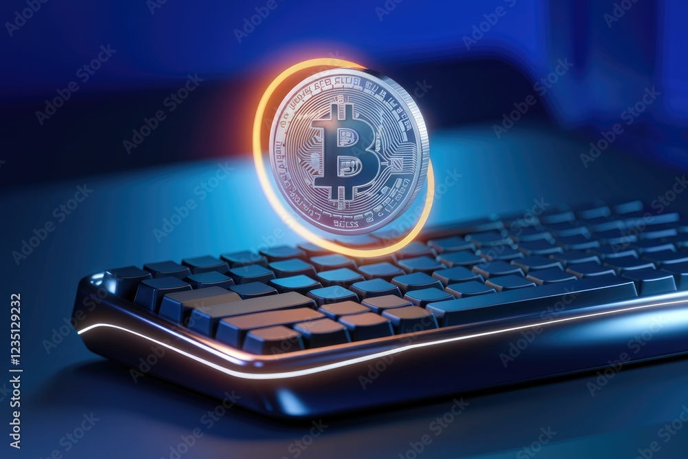 Poster a bitcoin cryptocurrency coin hovers above a keyboard, symbolizing digital currency and online trans