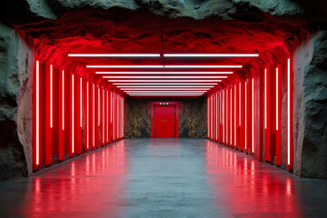 Fototapeta premium A long hallway with red lights in a cave