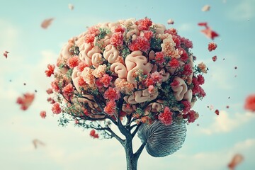 Human brain tree with flowers. Self care and mental health concept. Creative mind.